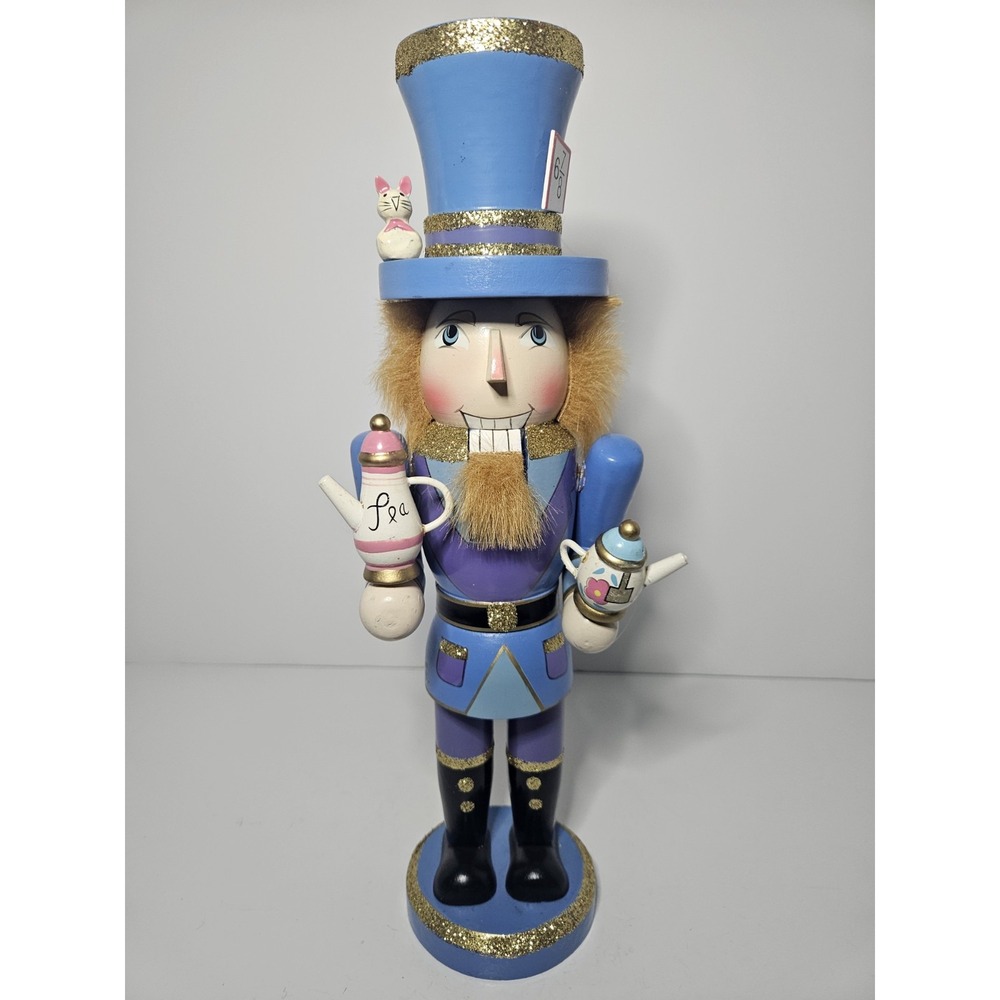 Mad Hatter Alice in Wonderland Wooden Christmas Nutcracker Tea Party Figurine